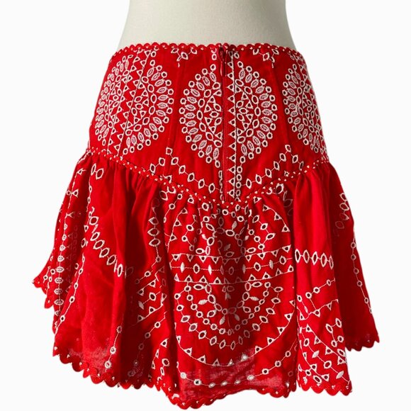 Charo Ruiz Marli Embroidered Mini Skirt L Red Nelum Eyelet Boho Resort - Picture 8 of 12